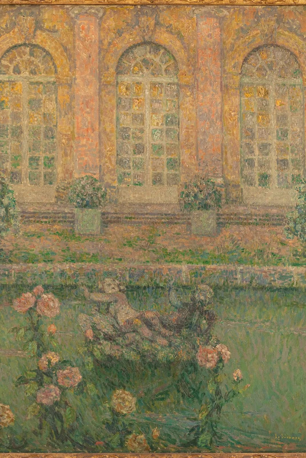 Zonnige tuin met rozen en beelden – Henri Le Sidaner