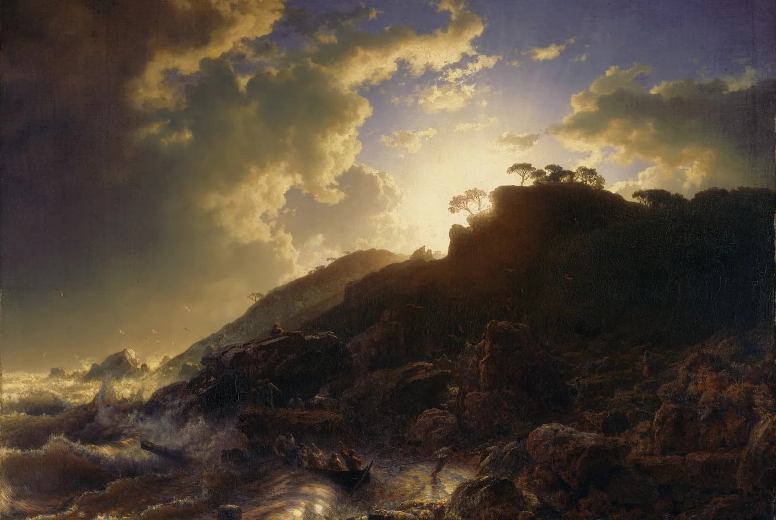 Zonsondergang na een storm aan de kust van Sicilië – Andreas Achenbach