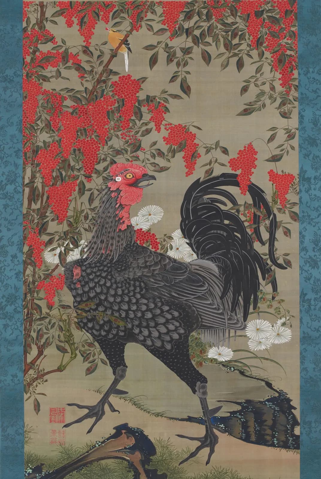 Zwarte haan en nandina – Itō Jakuchū