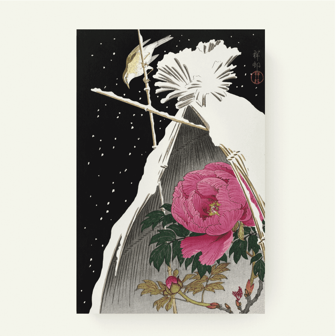 Siberische Blauwchat naast een pioenroos – Ohara Koson