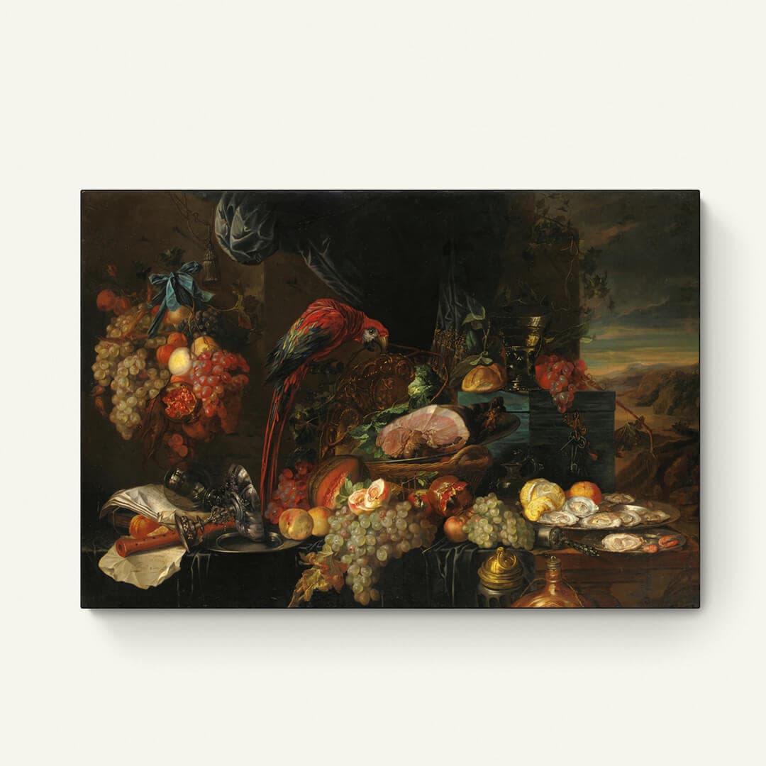 Stilleven met Fruit, Oesters en een Papegaai