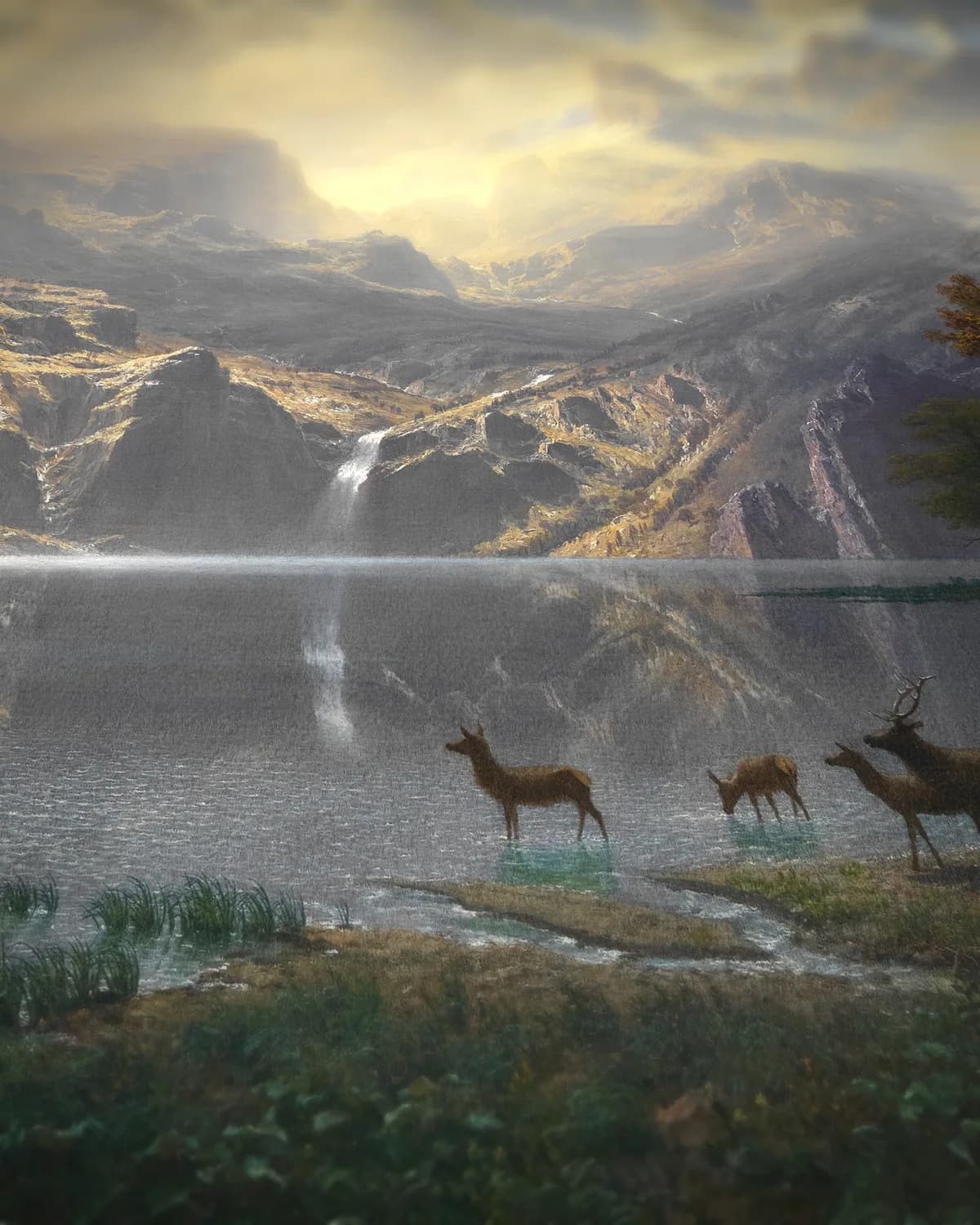 Among the Sierra Nevada, California (1868) op geweven fluweel, uitsnede 3 van 3