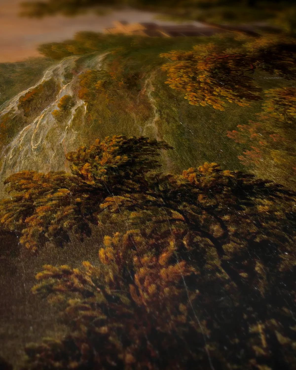 Arcadisch landschap met ondergaande zon op geweven fluweel, uitsnede 2 van 3