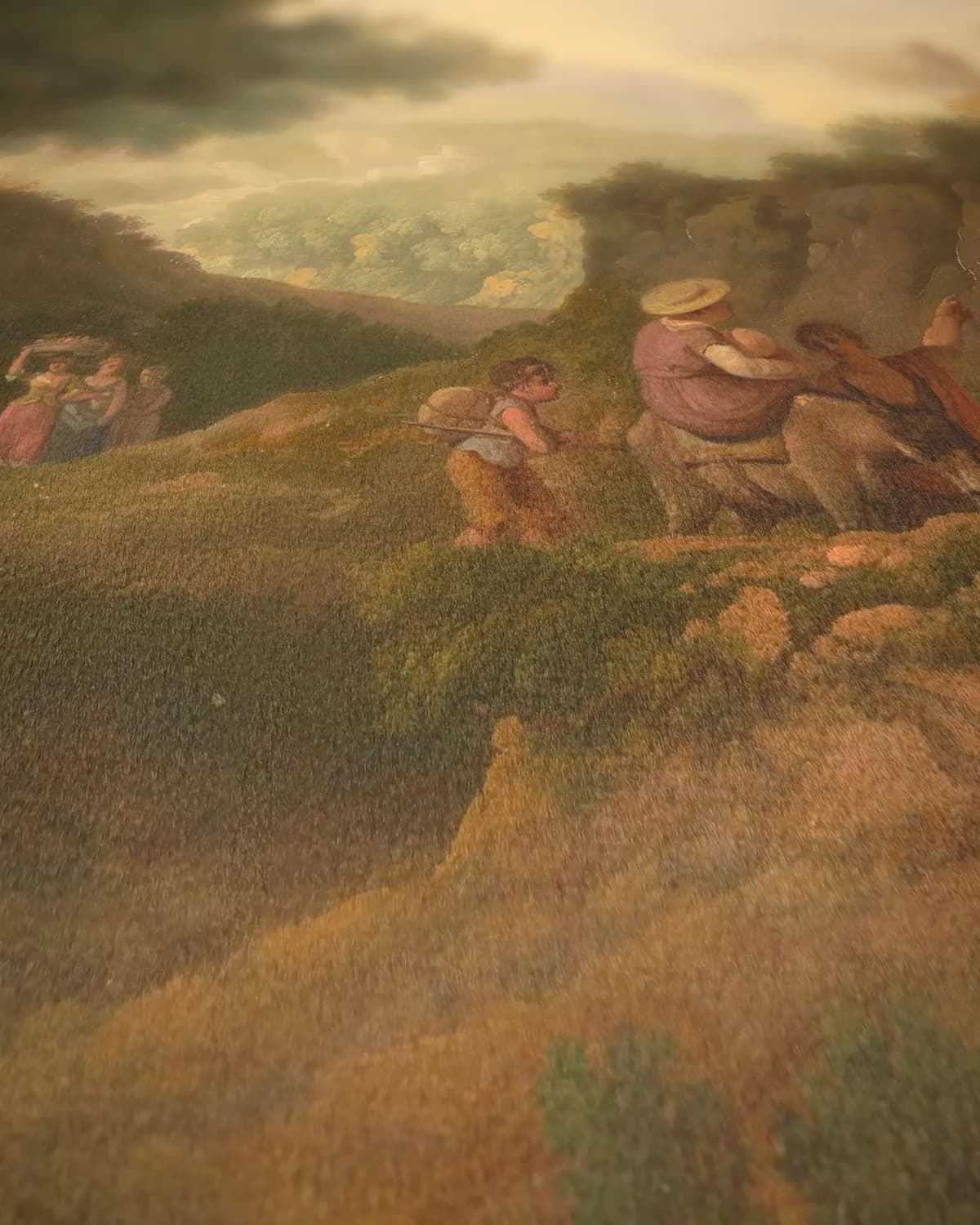 Arcadisch landschap met reizigers op geweven fluweel, uitsnede 1 van 3