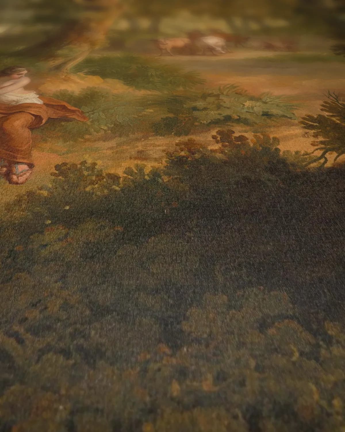 Arcadisch landschap met verschillende figuren op geweven fluweel, uitsnede 1 van 3