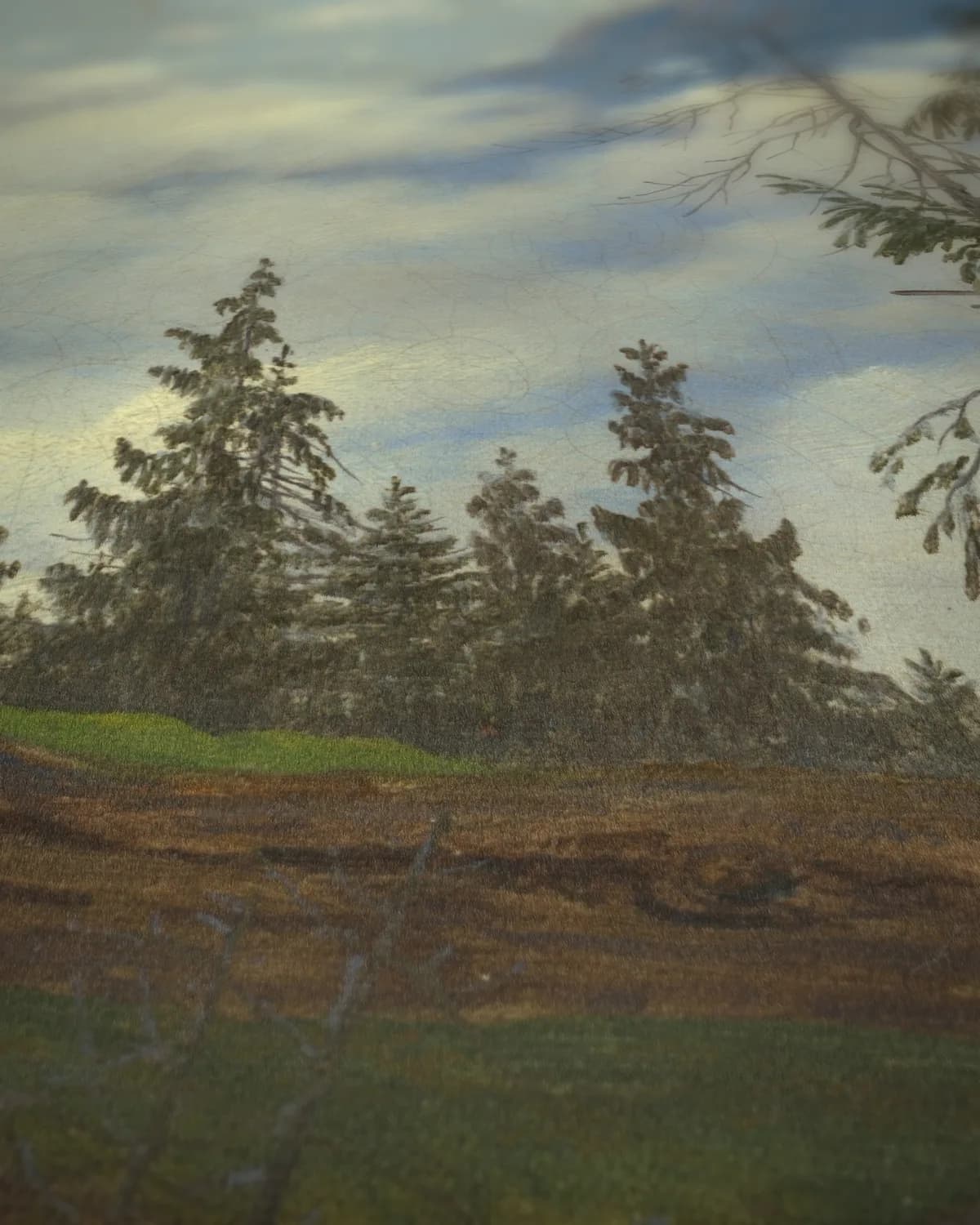 Berglandschap met omgevallen boom op geweven fluweel, uitsnede 3 van 3
