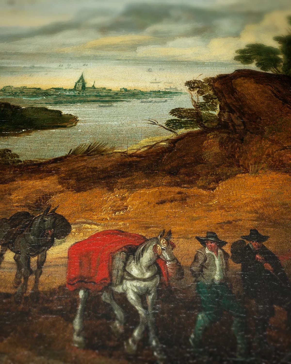 Berglandschap met rivier en stad op geweven fluweel, uitsnede 3 van 3
