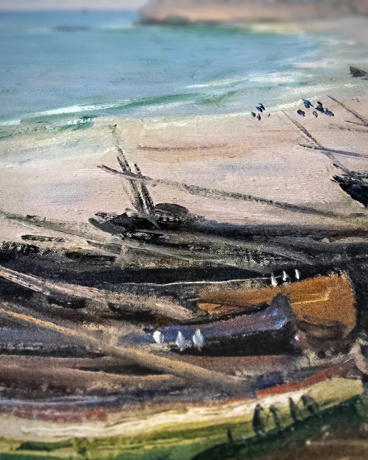 Boten op het strand bij Étretat op geweven fluweel, uitsnede 3 van 3