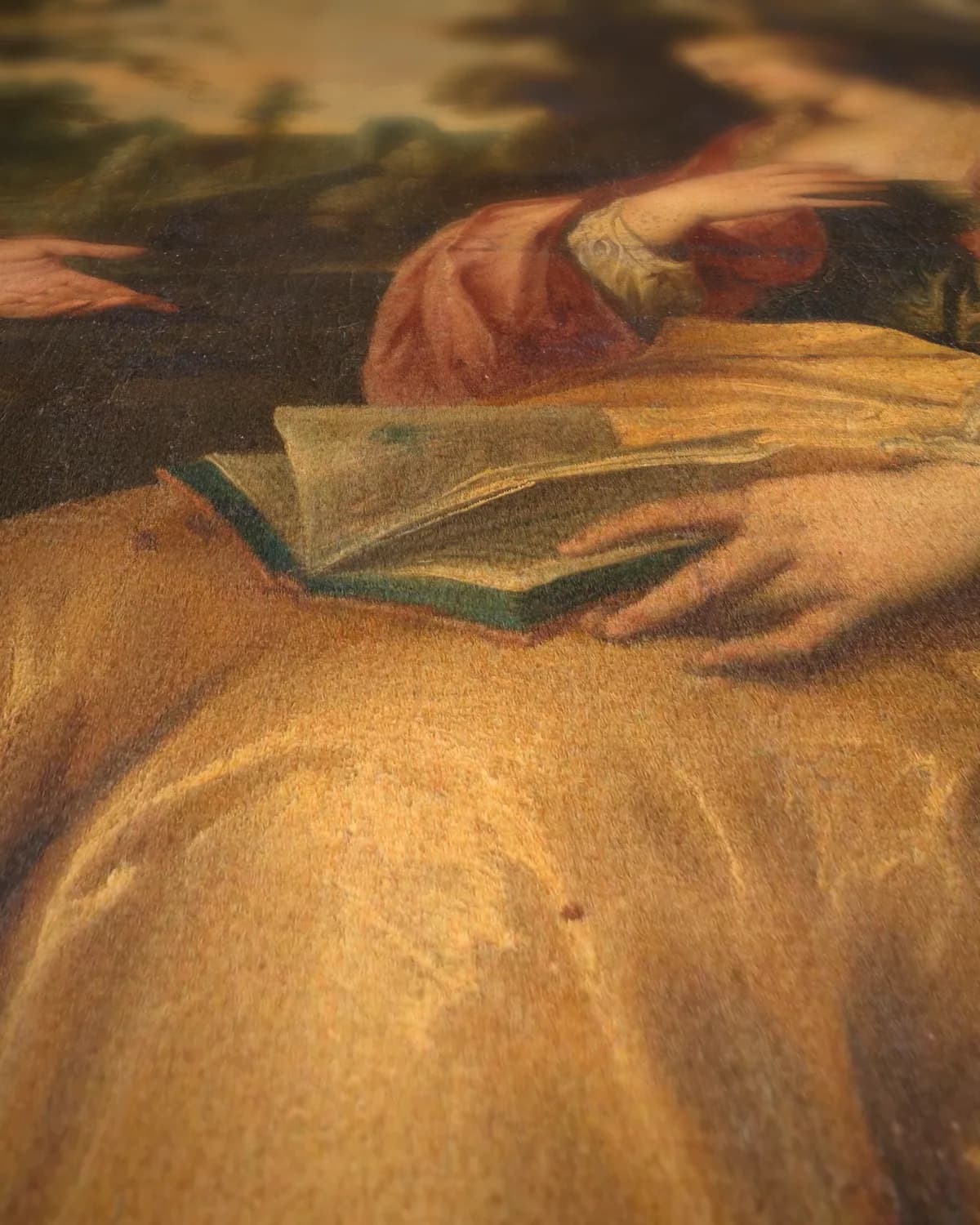 Christus bij Martha en Maria op geweven fluweel, uitsnede 1 van 3