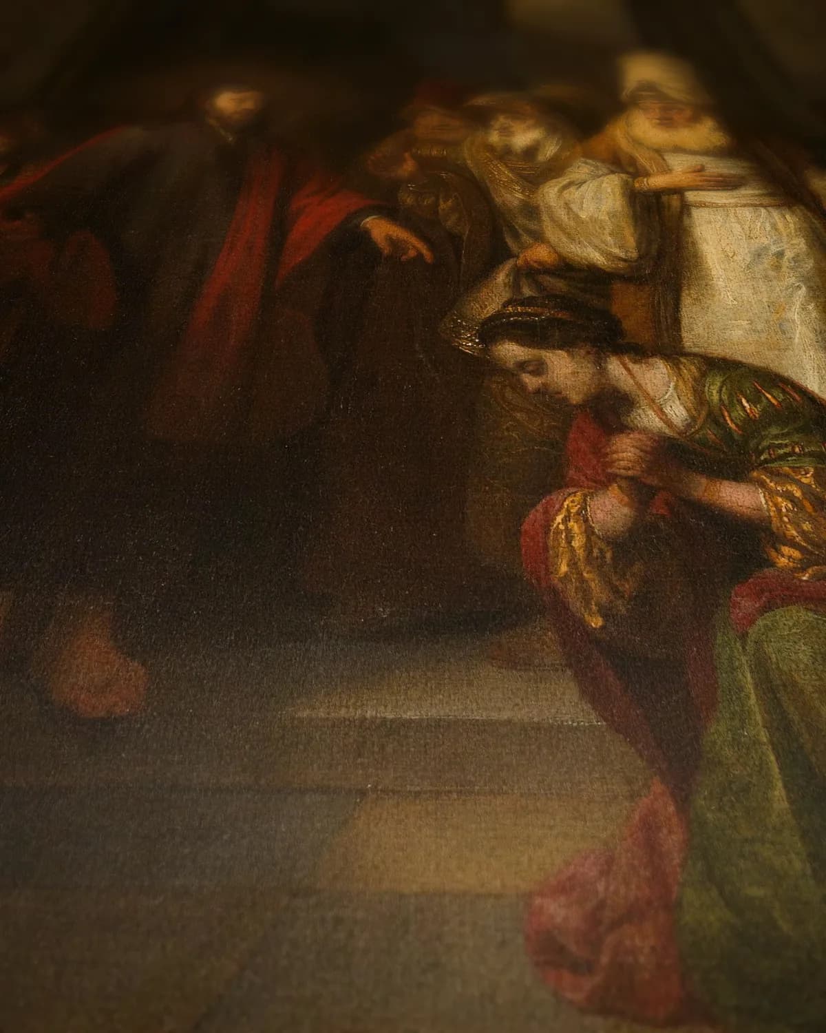 Christus en de overspelige vrouw op geweven fluweel, uitsnede 3 van 3