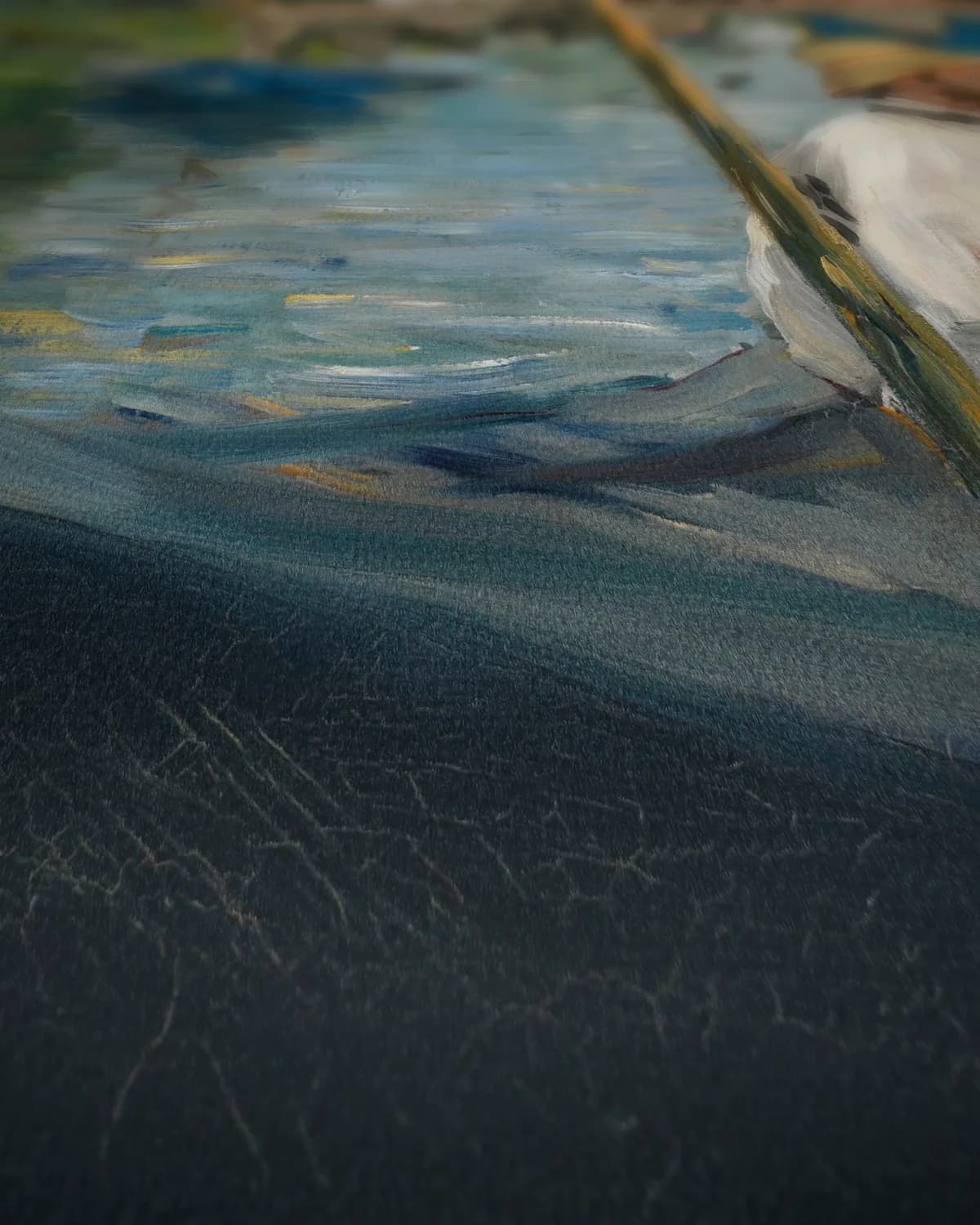 Claude Monet schilderend in zijn boot op geweven fluweel, uitsnede 1 van 3