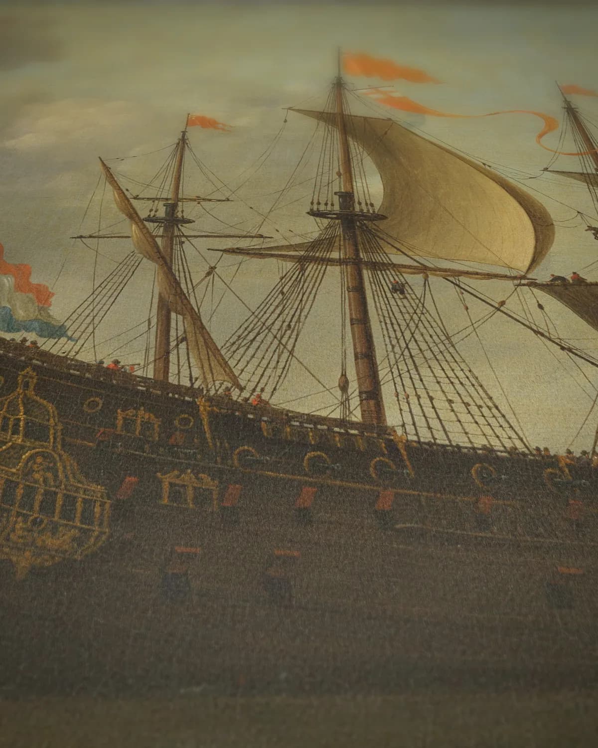 De aankomst van het Engelse vlaggenschip Royal Charles bij Hellevoetsluis op geweven fluweel, uitsnede 3 van 3