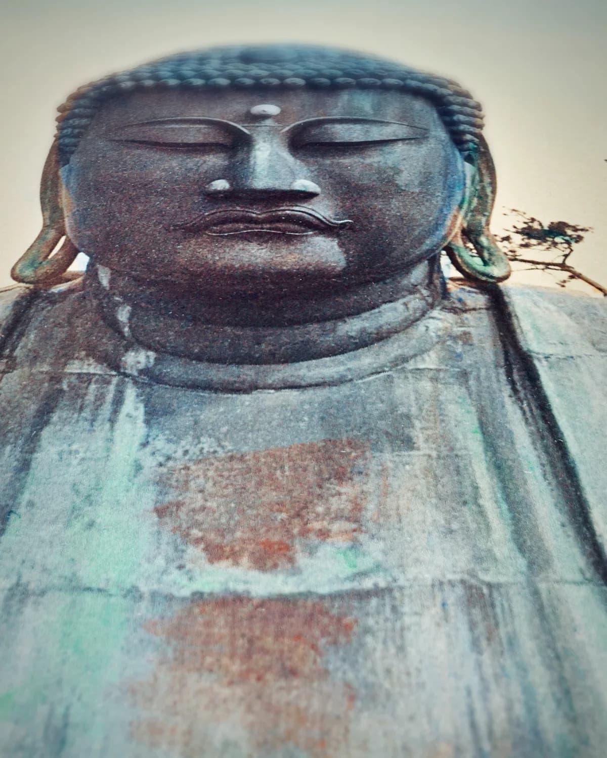 De bronzen buddha in Kamakura op geweven fluweel, uitsnede 3 van 3