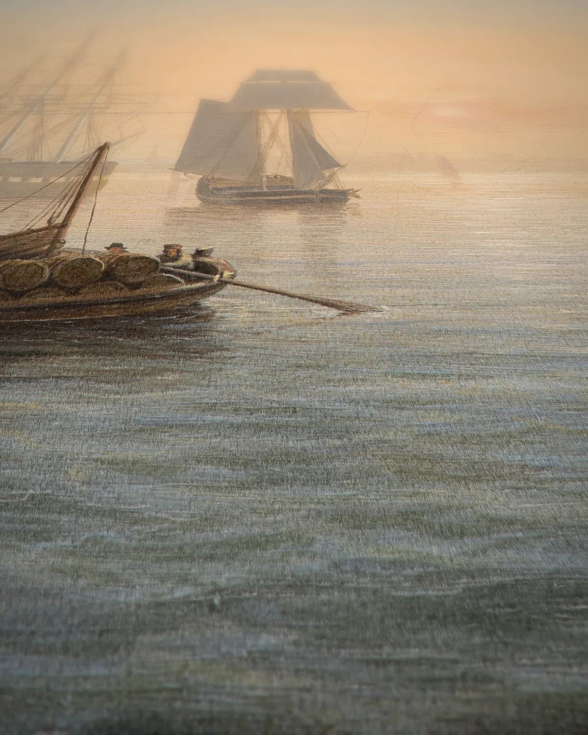 De haven van Boston, met de stad in de verte op geweven fluweel, uitsnede 1 van 3