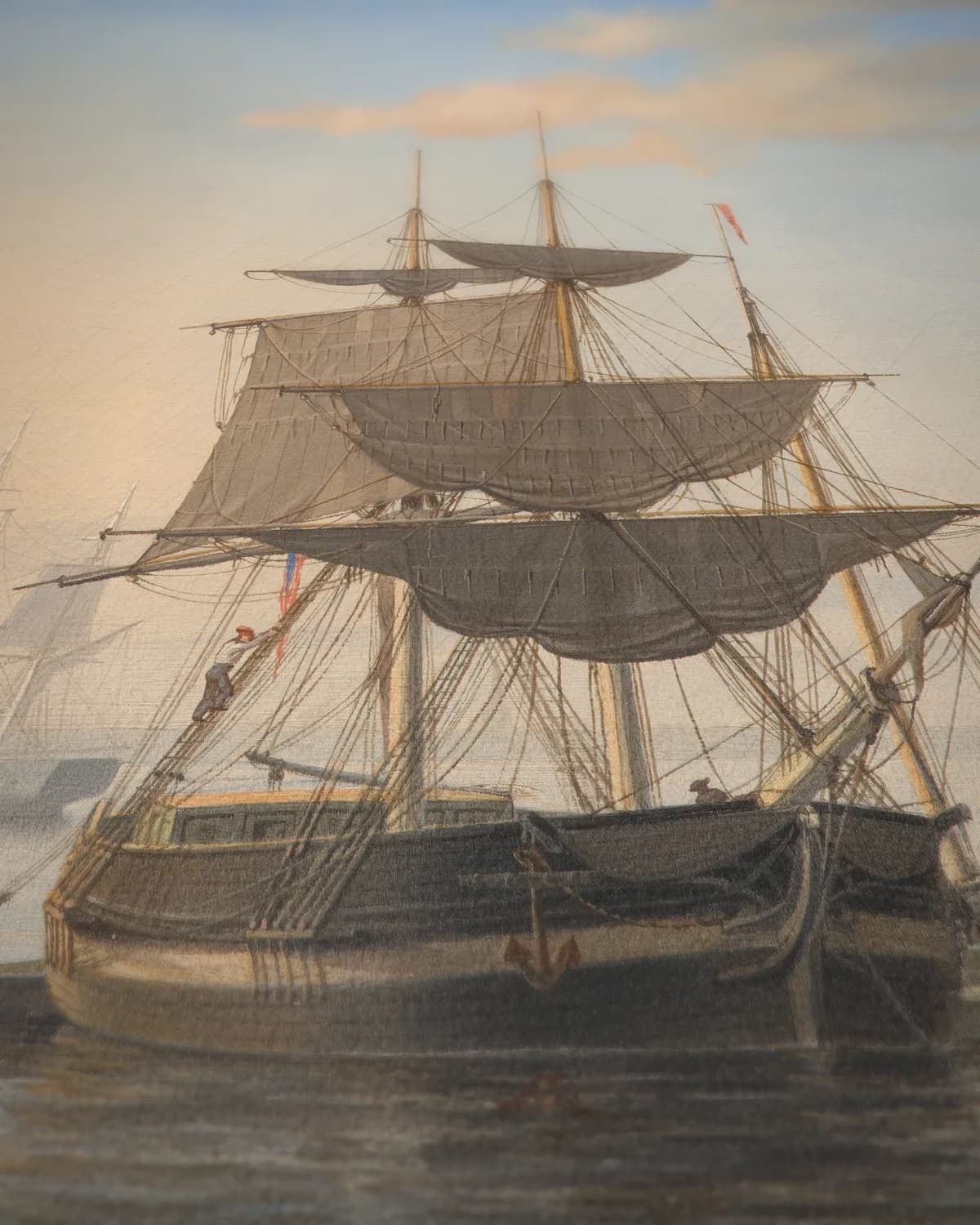 De haven van Boston, met de stad in de verte op geweven fluweel, uitsnede 3 van 3