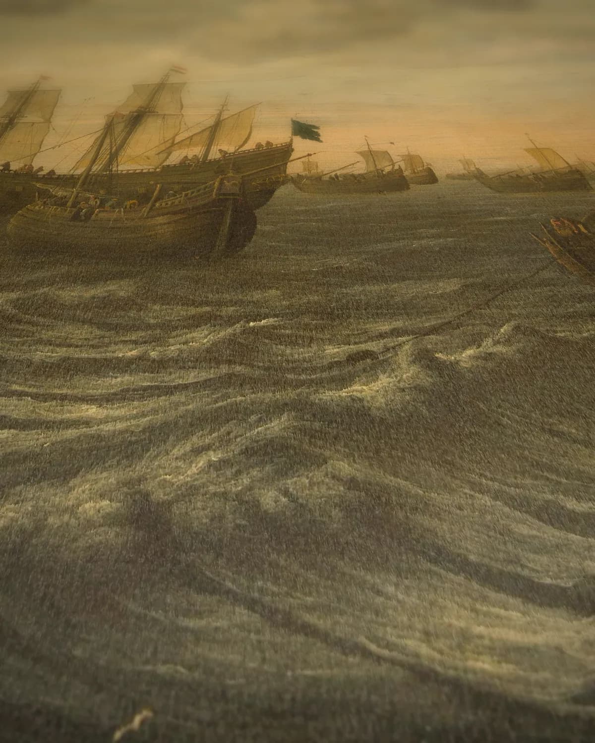 De Hollandse haringvloot op de visgronden op geweven fluweel, uitsnede 1 van 3