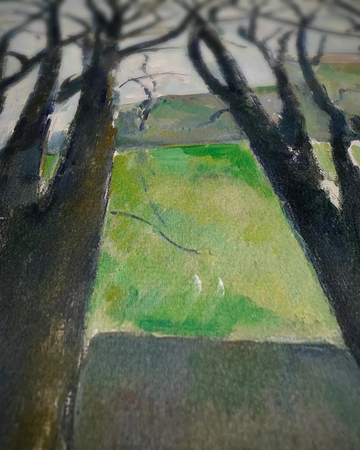 De kastanjebomen van Jas de Bouffan in de winter op geweven fluweel, uitsnede 1 van 3