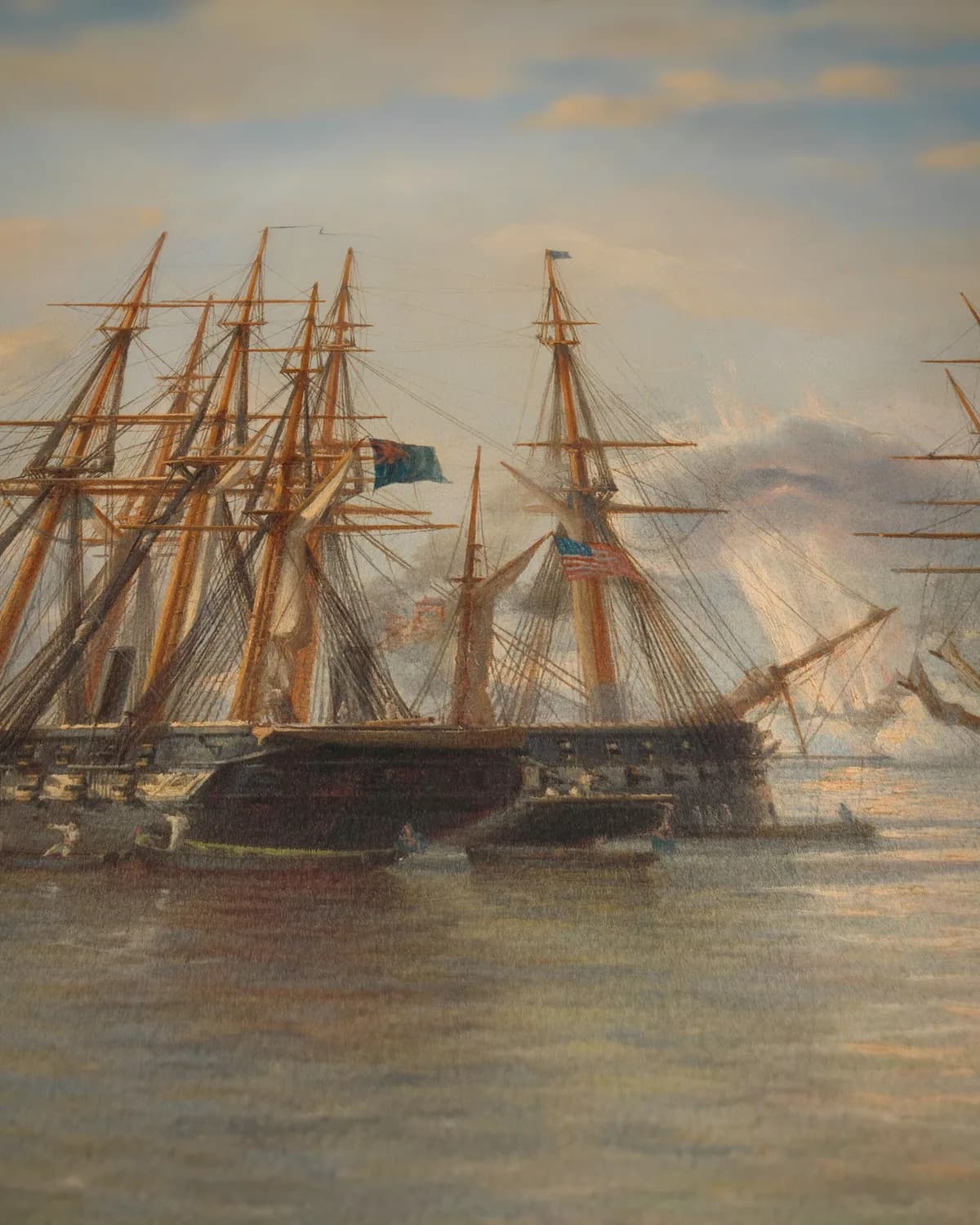 De Nederlandse, Engelse, Franse en Amerikaanse eskaders in de Japanse wateren tijdens de expeditie onder leiding van de Franse commandant Constant Jaurès, september 1864 op geweven fluweel, uitsnede 3 van 3