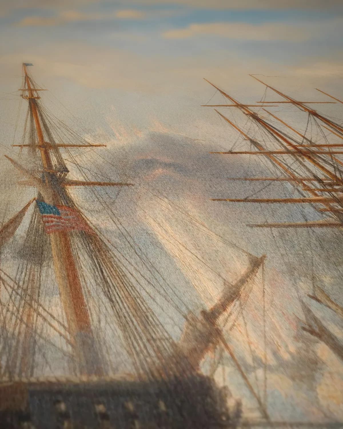De Nederlandse, Engelse, Franse en Amerikaanse eskaders in de Japanse wateren tijdens de expeditie onder leiding van de Franse commandant Constant Jaurès, september 1864 op geweven fluweel, uitsnede 2 van 3