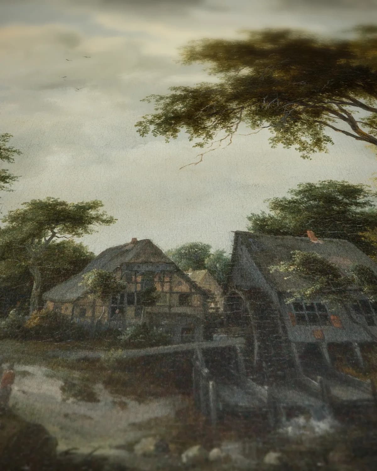 De watermolen aan de bosrand op geweven fluweel, uitsnede 3 van 3