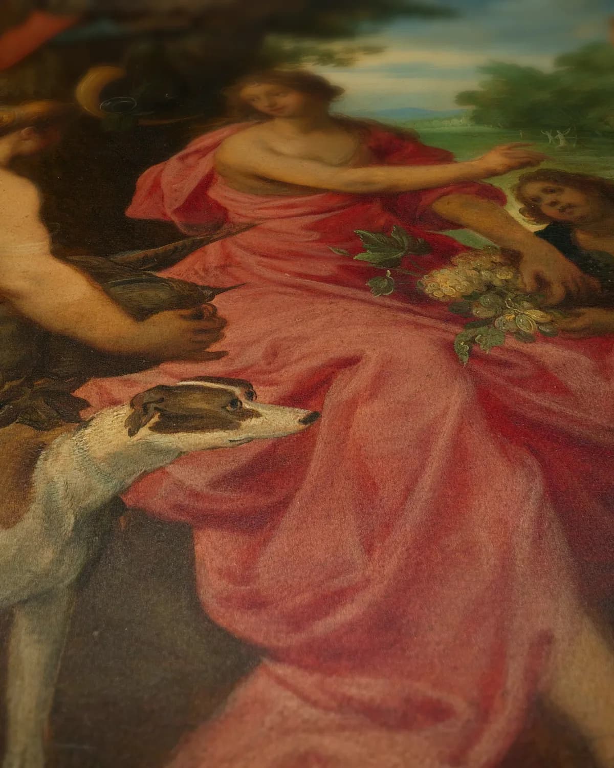 Diana krijgt wijn en fruit aangeboden door Bacchus en zijn gevolg op geweven fluweel, uitsnede 3 van 3