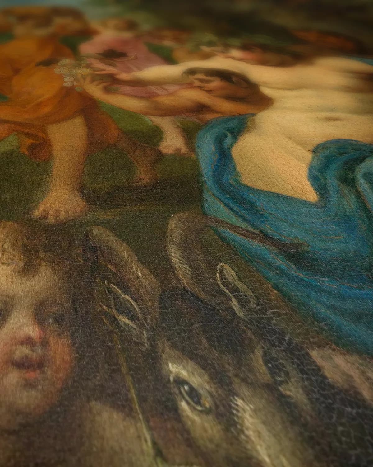Diana krijgt wijn en fruit aangeboden door Bacchus en zijn gevolg op geweven fluweel, uitsnede 2 van 3