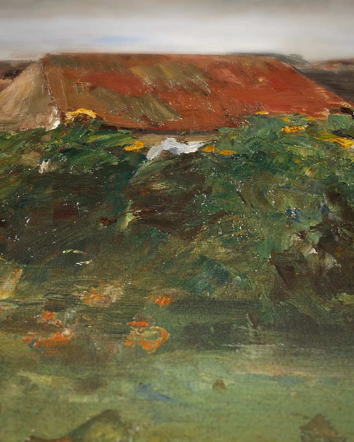 Dorpshuizen met zonnebloemen, 1890 op geweven fluweel, uitsnede 3 van 3