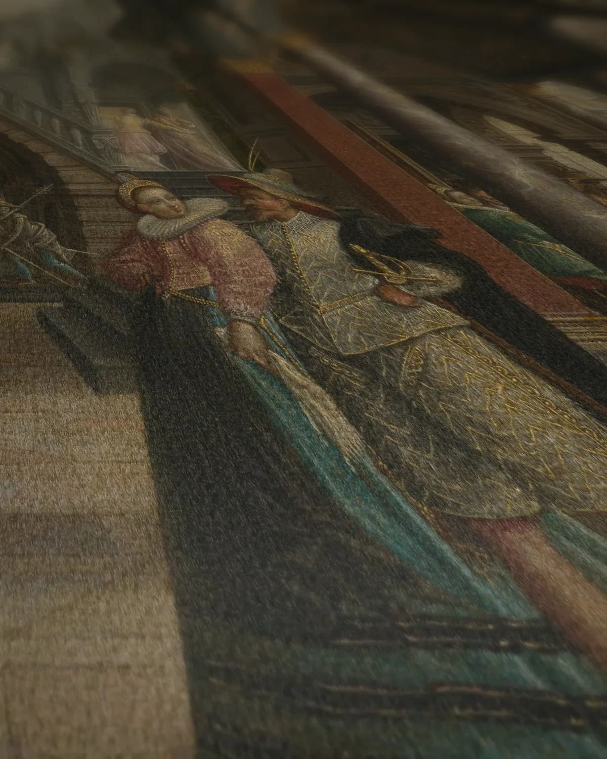 Gefantaseerd renaissancepaleis op geweven fluweel, uitsnede 2 van 3