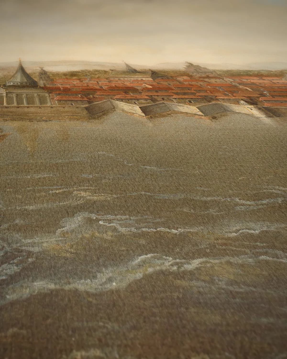 Gezicht op Cochin aan de kust van Malabar in India op geweven fluweel, uitsnede 2 van 3
