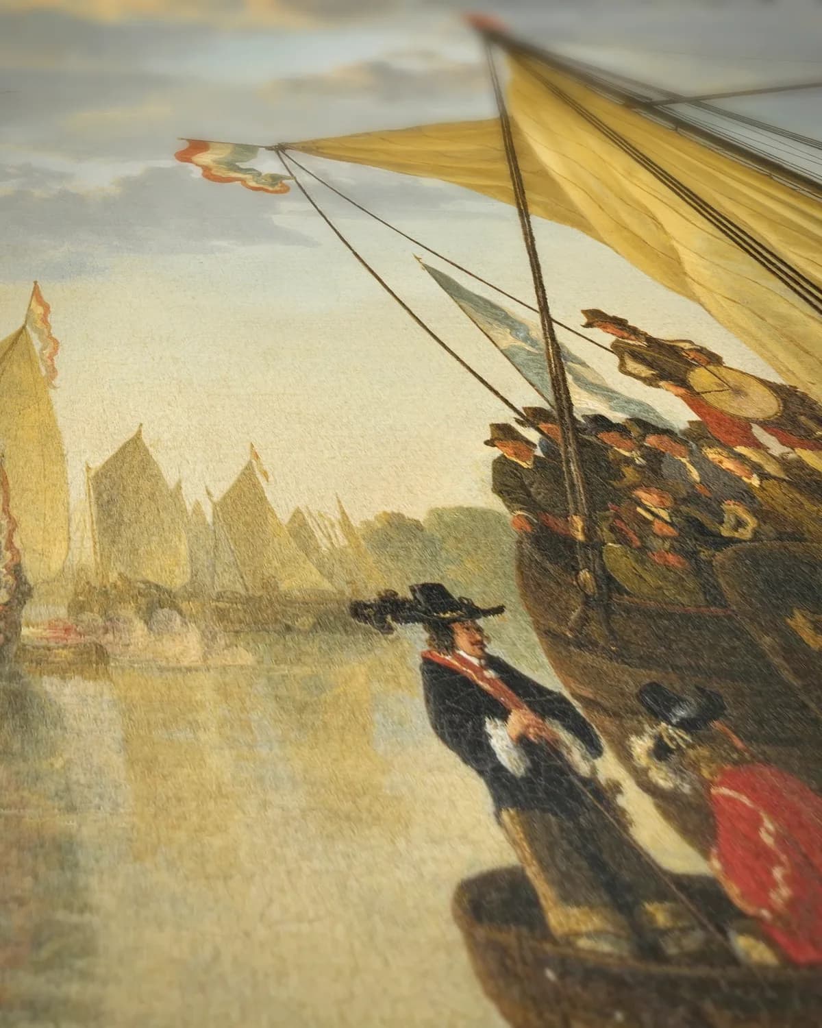 Gezicht op de Maas bij Dordrecht op geweven fluweel, uitsnede 2 van 3