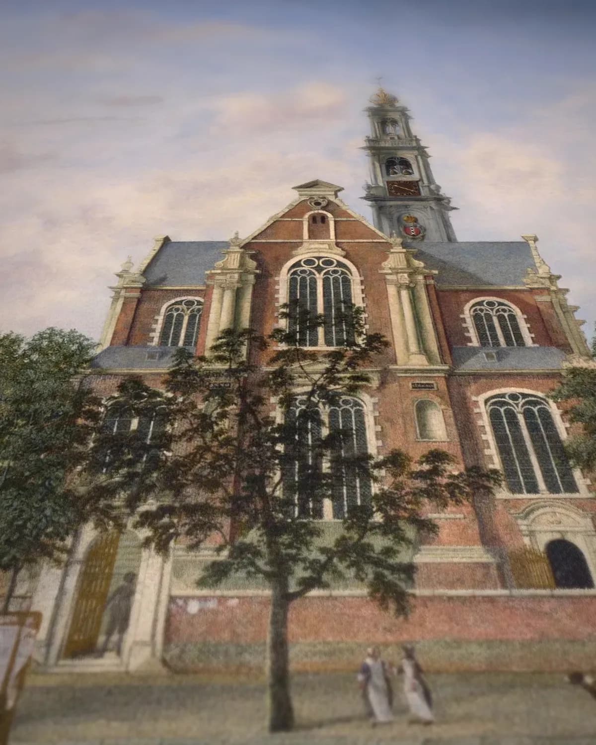Gezicht op de Westerkerk, Amsterdam op geweven fluweel, uitsnede 3 van 3