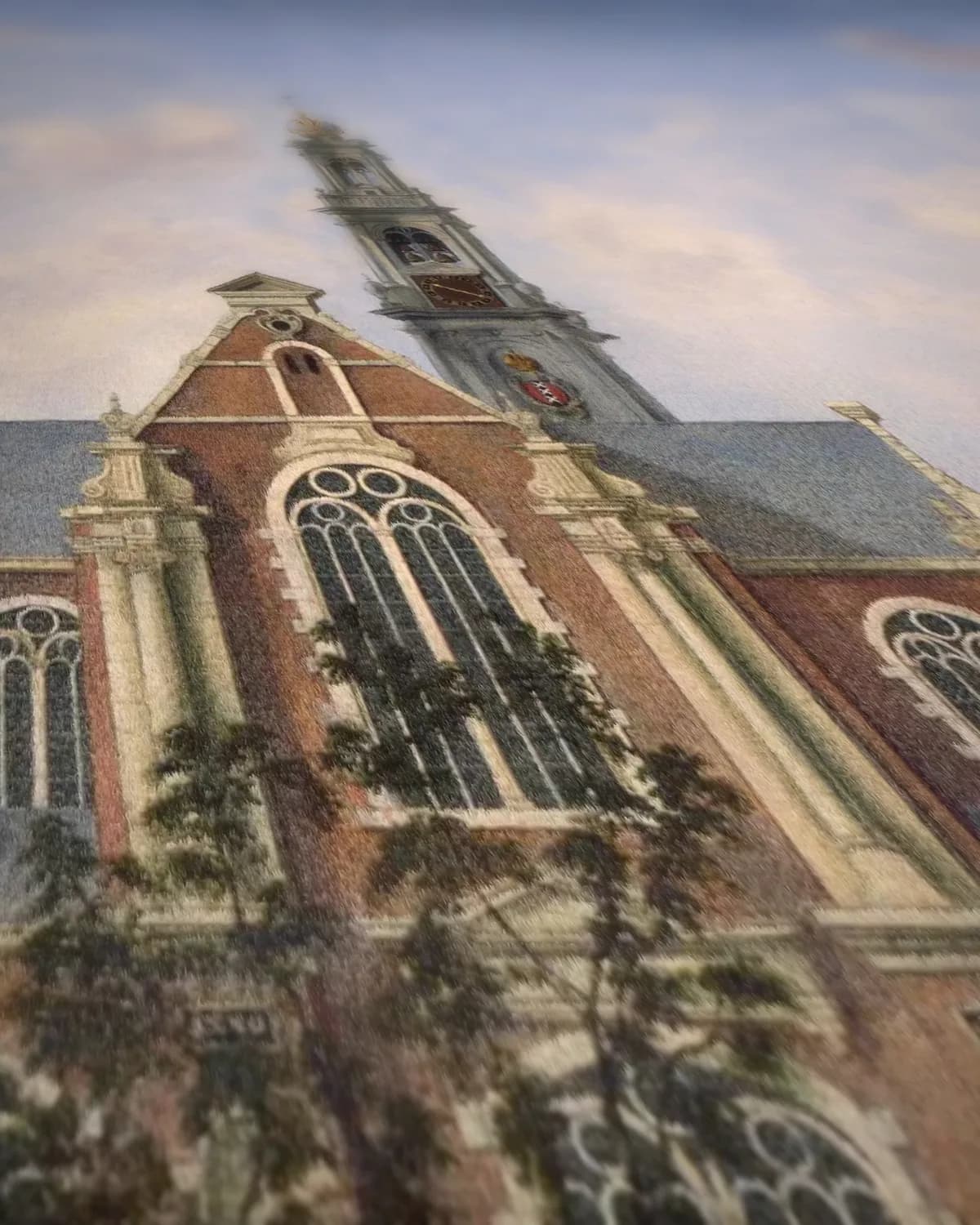 Gezicht op de Westerkerk, Amsterdam op geweven fluweel, uitsnede 2 van 3