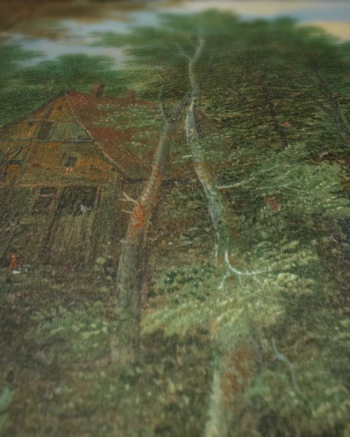 Gezicht op een dorp aan een rivier op geweven fluweel, uitsnede 1 van 3
