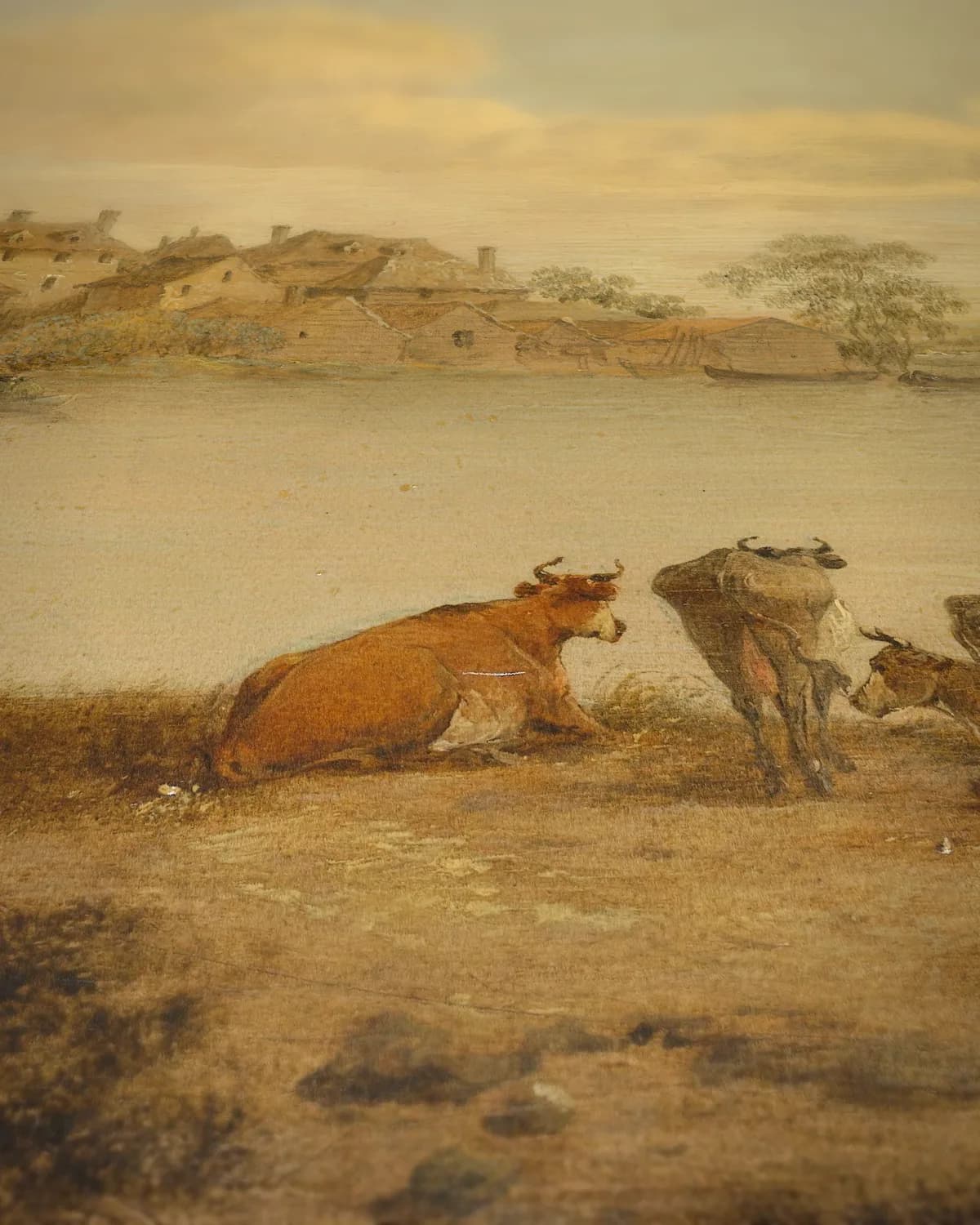 Gezicht op een rivier op geweven fluweel, uitsnede 3 van 3