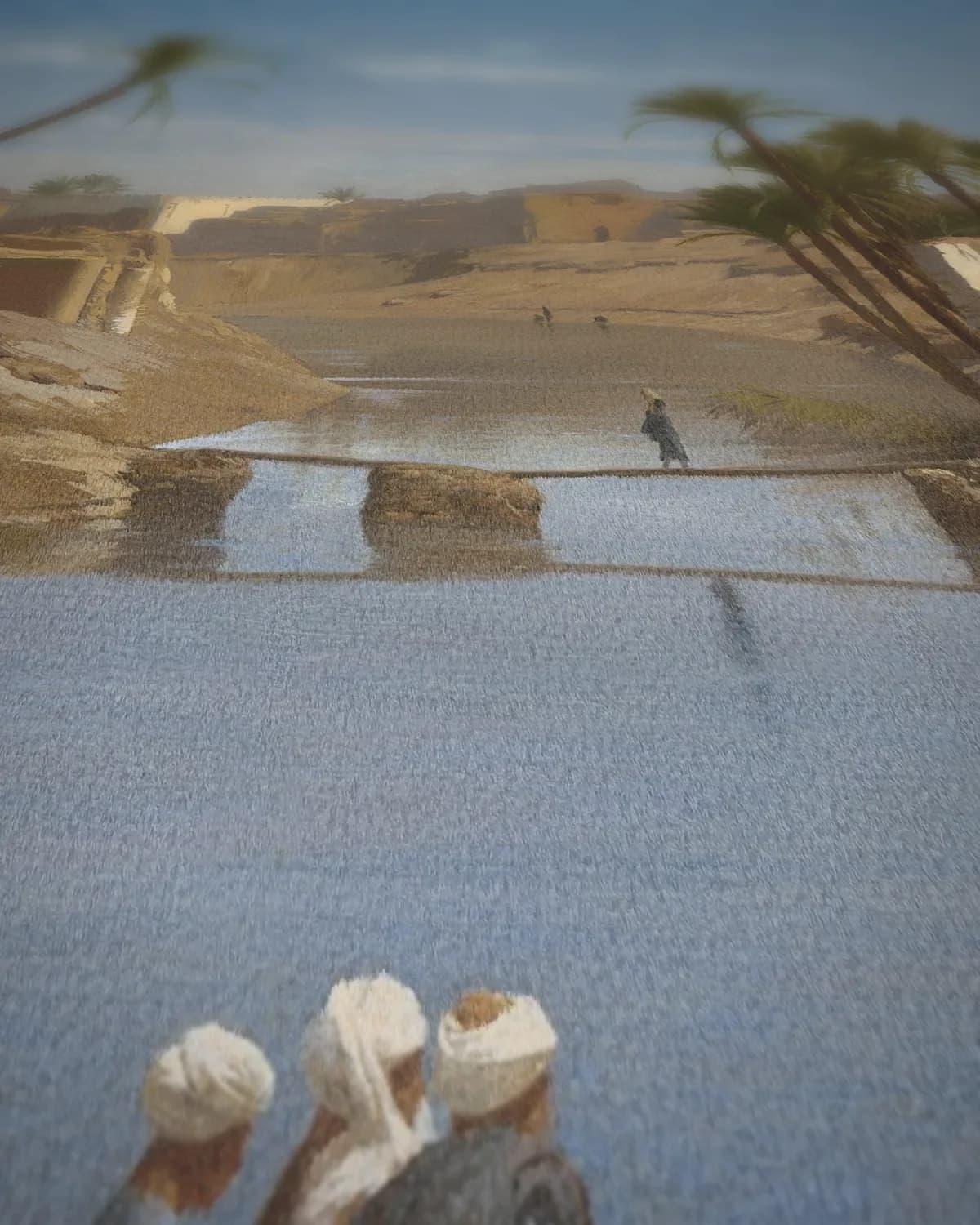 Gezicht op Medinet El-Fayoum op geweven fluweel, uitsnede 1 van 3