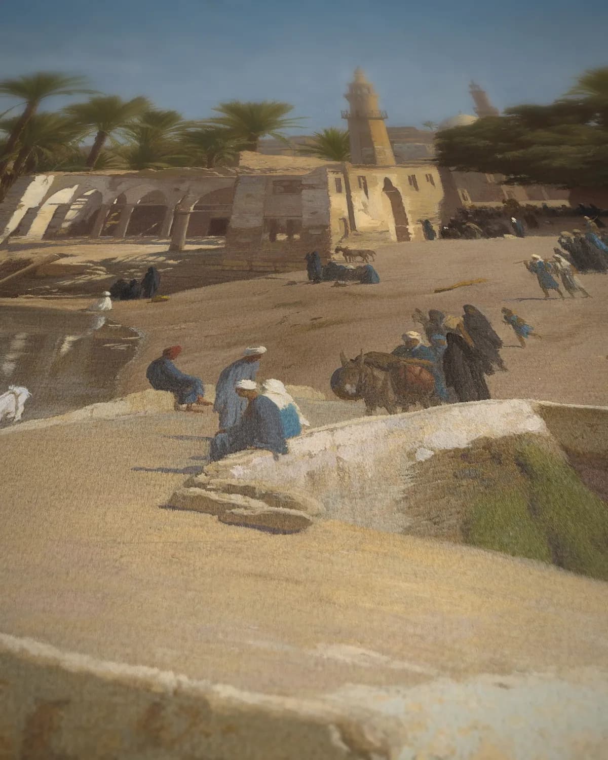 Gezicht op Medinet El-Fayoum op geweven fluweel, uitsnede 3 van 3