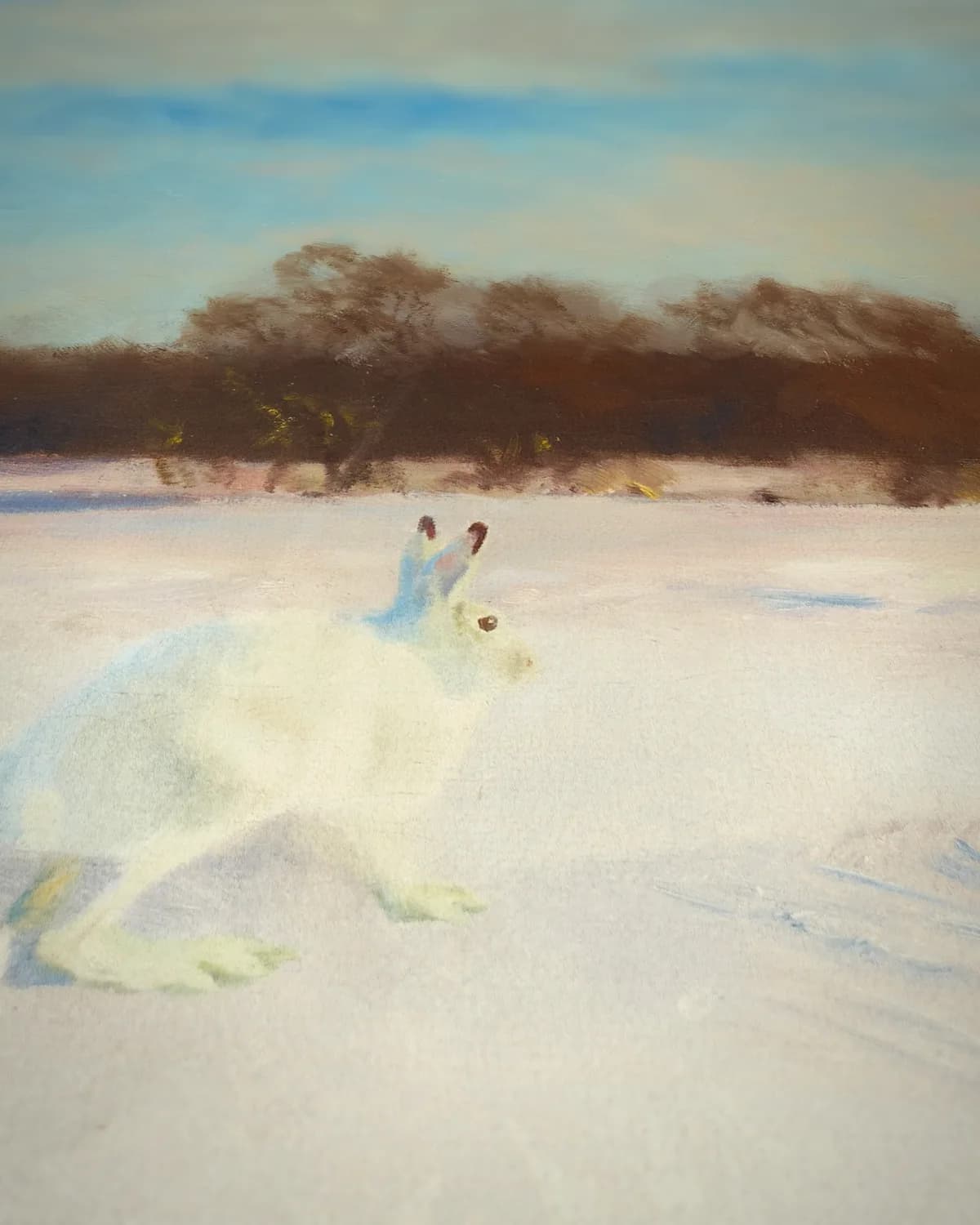 Haas in het winterlandschap op geweven fluweel, uitsnede 3 van 3