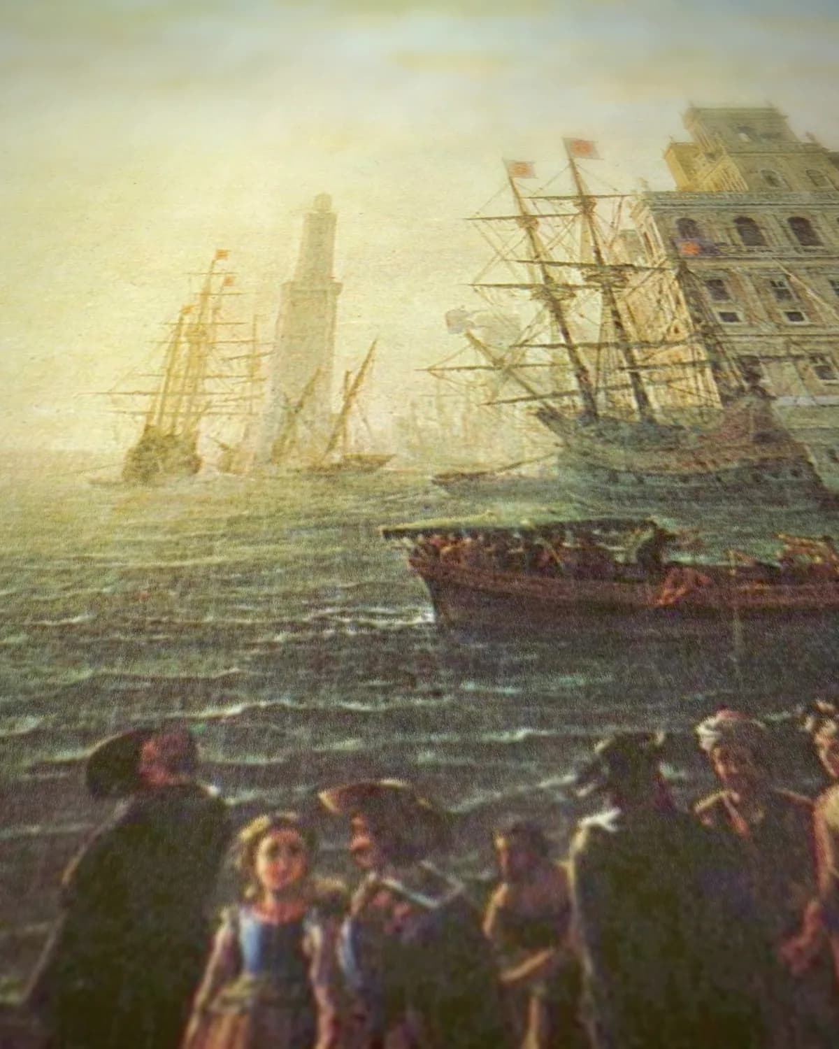 Havengezicht met de Villa Medici op geweven fluweel, uitsnede 3 van 3