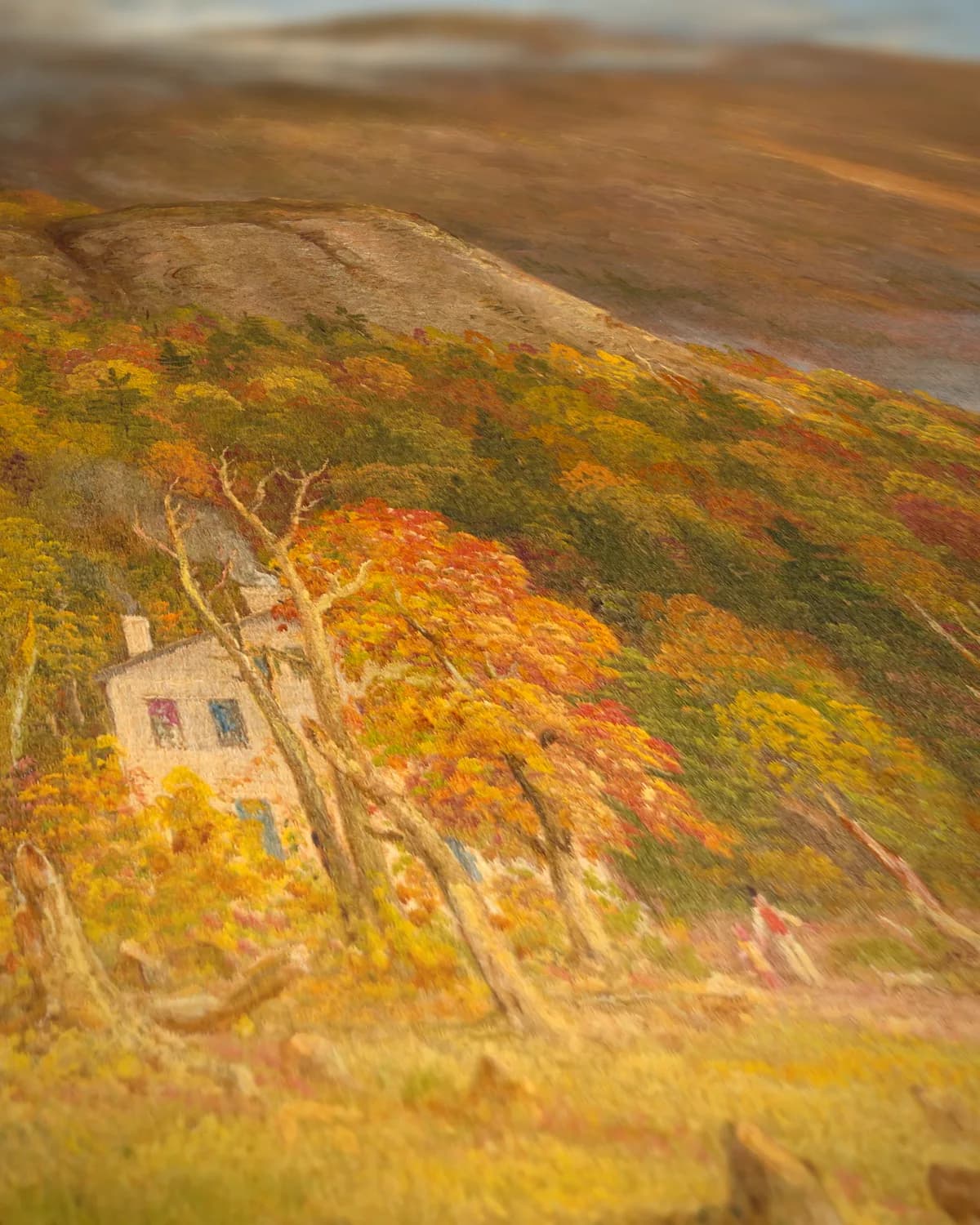 Herfstvallei in de bergen op geweven fluweel, uitsnede 2 van 3