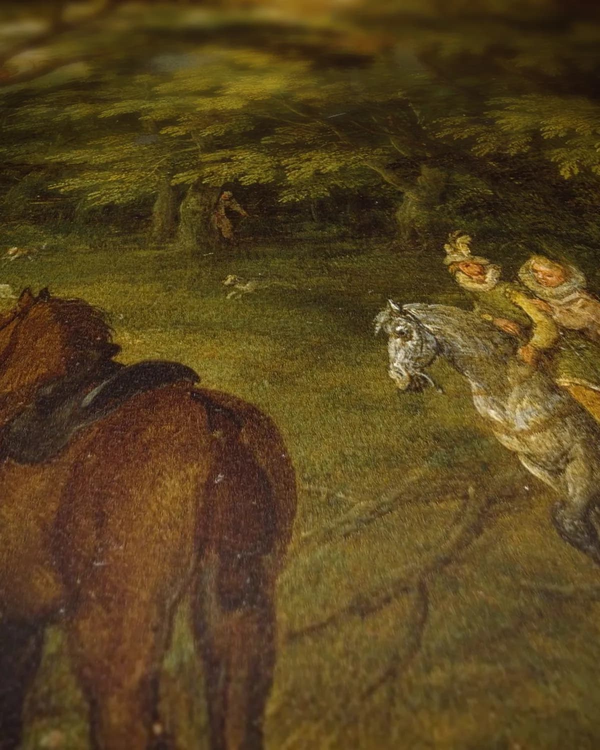 Hertenjacht in het bos op geweven fluweel, uitsnede 1 van 3