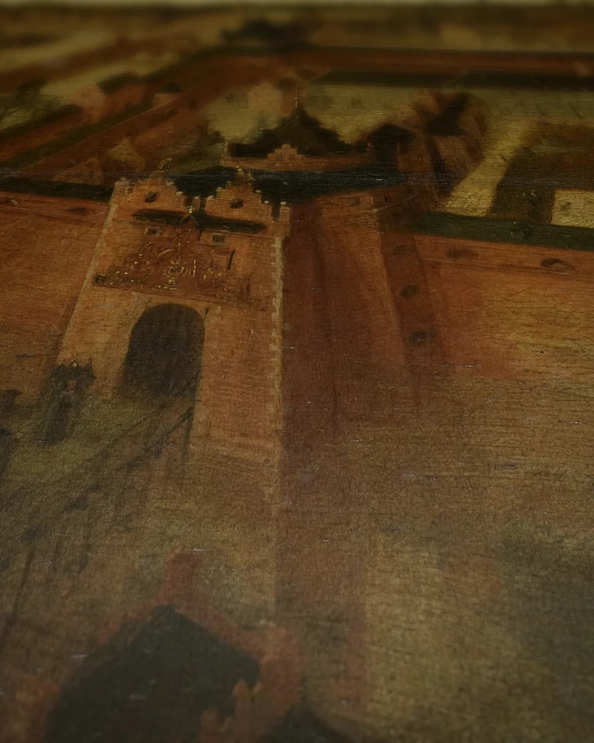 Het kasteel Vredenburg te Utrecht in vogelvlucht op geweven fluweel, uitsnede 3 van 3