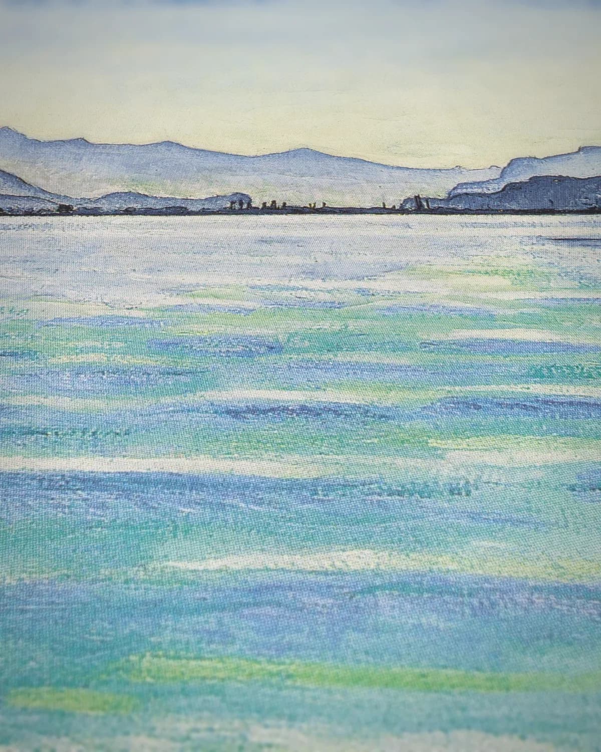 Het meer van Thun met symmetrische spiegeling (1905) op geweven fluweel, uitsnede 3 van 3