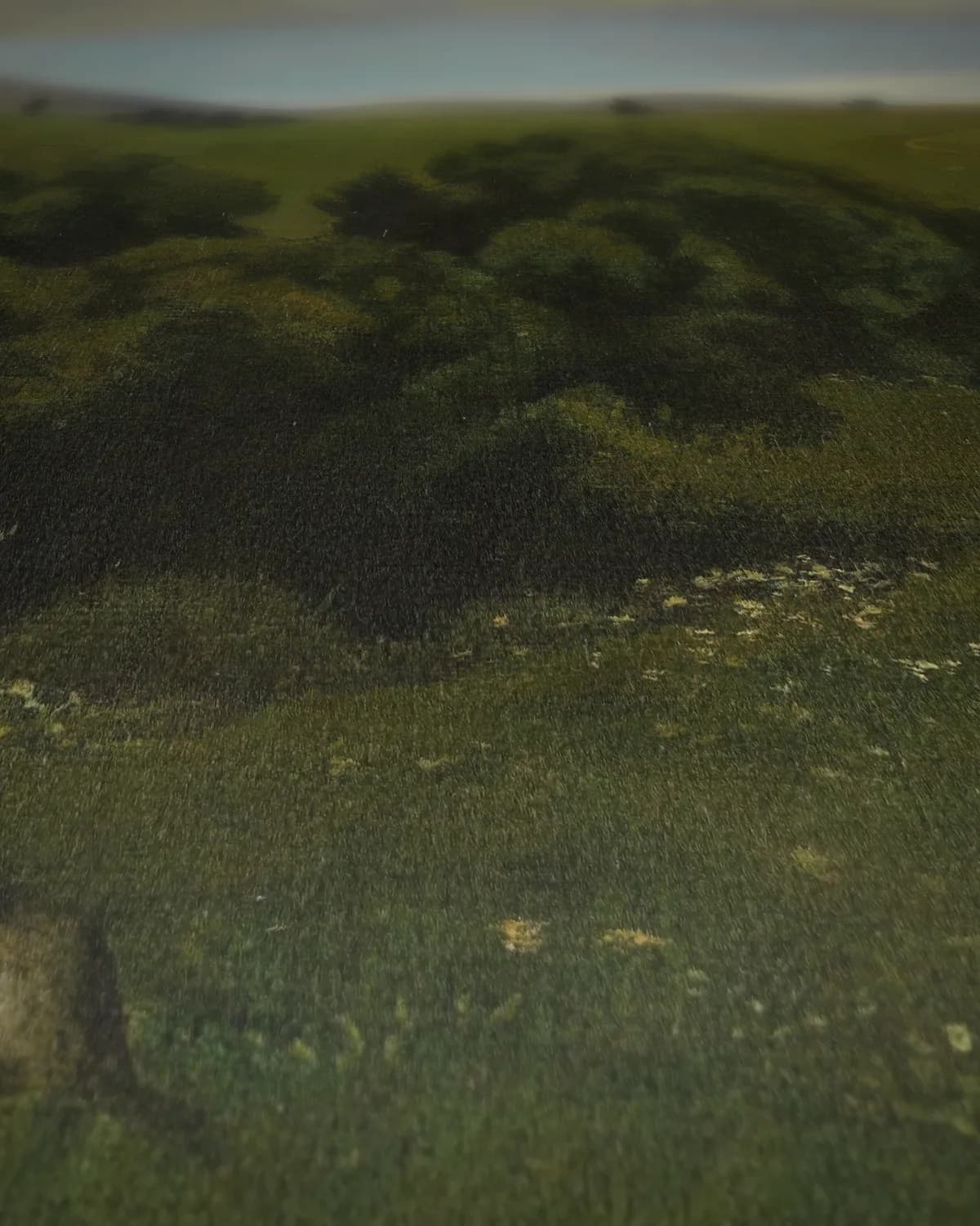 Heuvelachtig landschap met beek en schapen op geweven fluweel, uitsnede 1 van 3