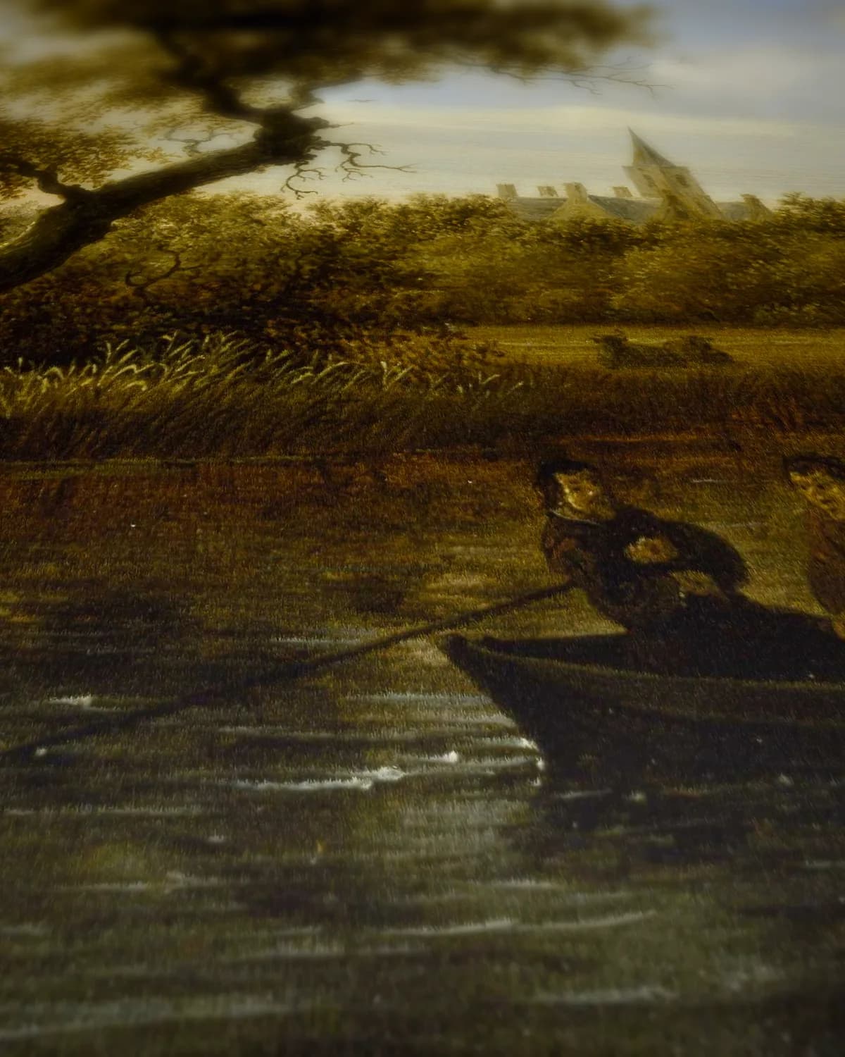 Hollands rivierlandschap met boten op geweven fluweel, uitsnede 1 van 3