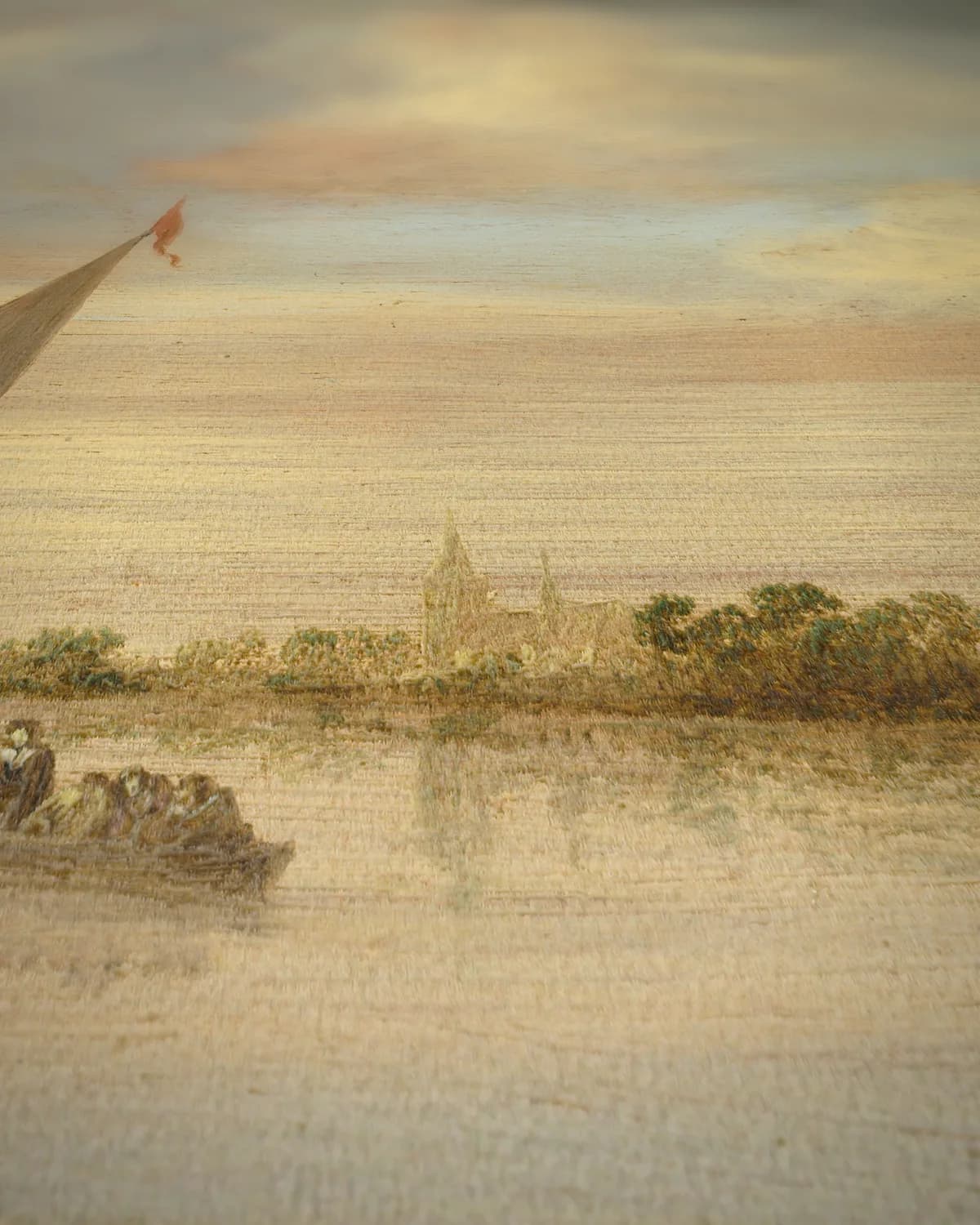 Kasteel aan een rivier op geweven fluweel, uitsnede 1 van 3