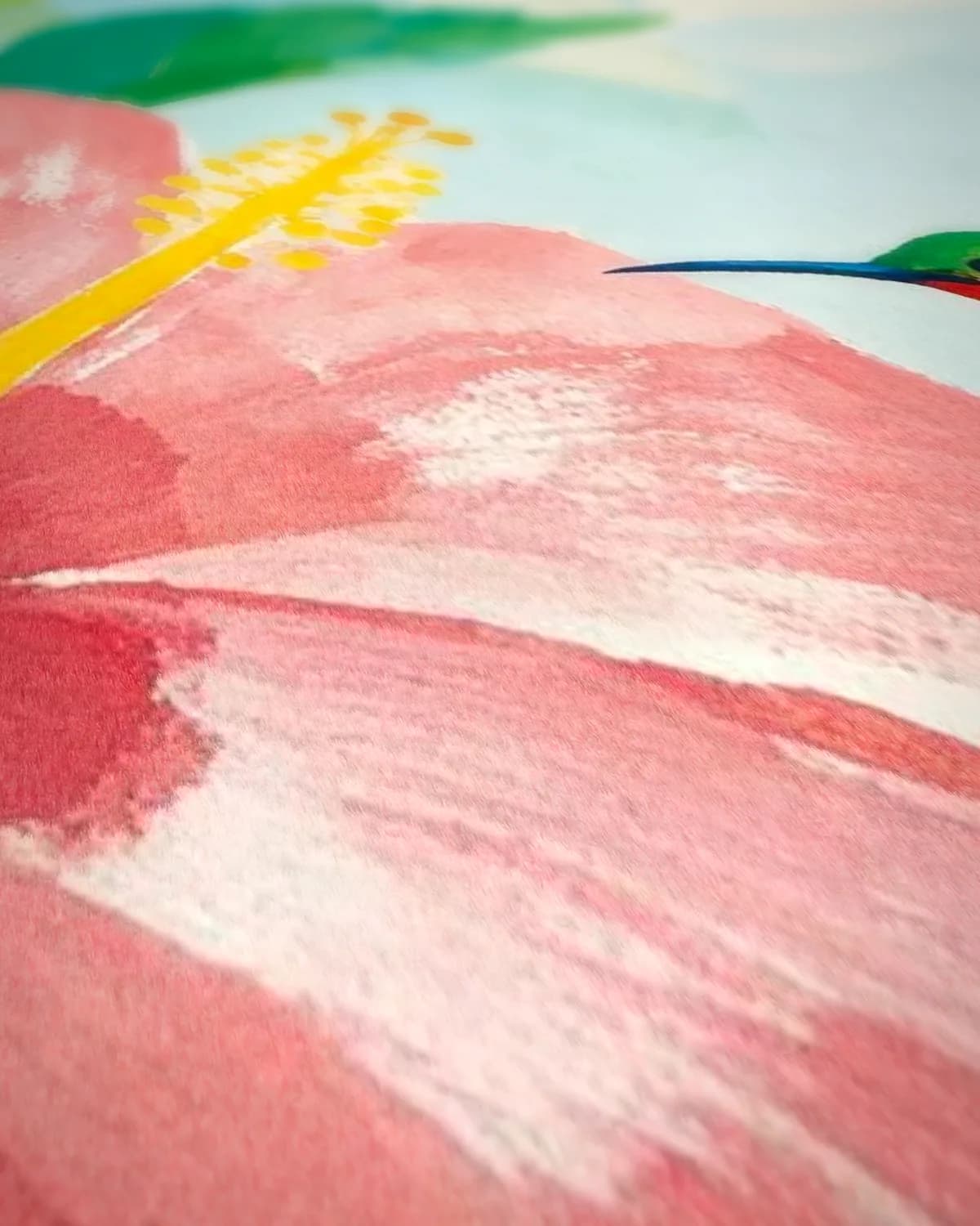 Kolibrie en hibiscus op geweven fluweel, uitsnede 2 van 3