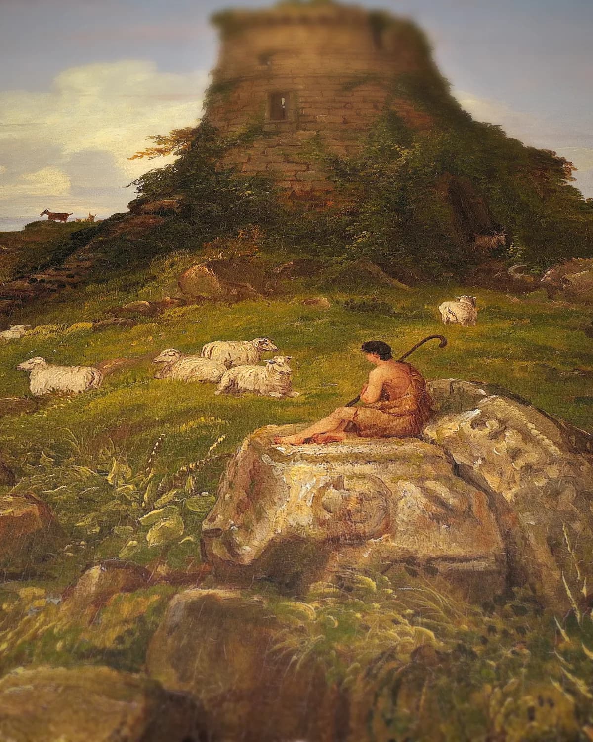 Kustlandschap met herder en ruïne op geweven fluweel, uitsnede 3 van 3