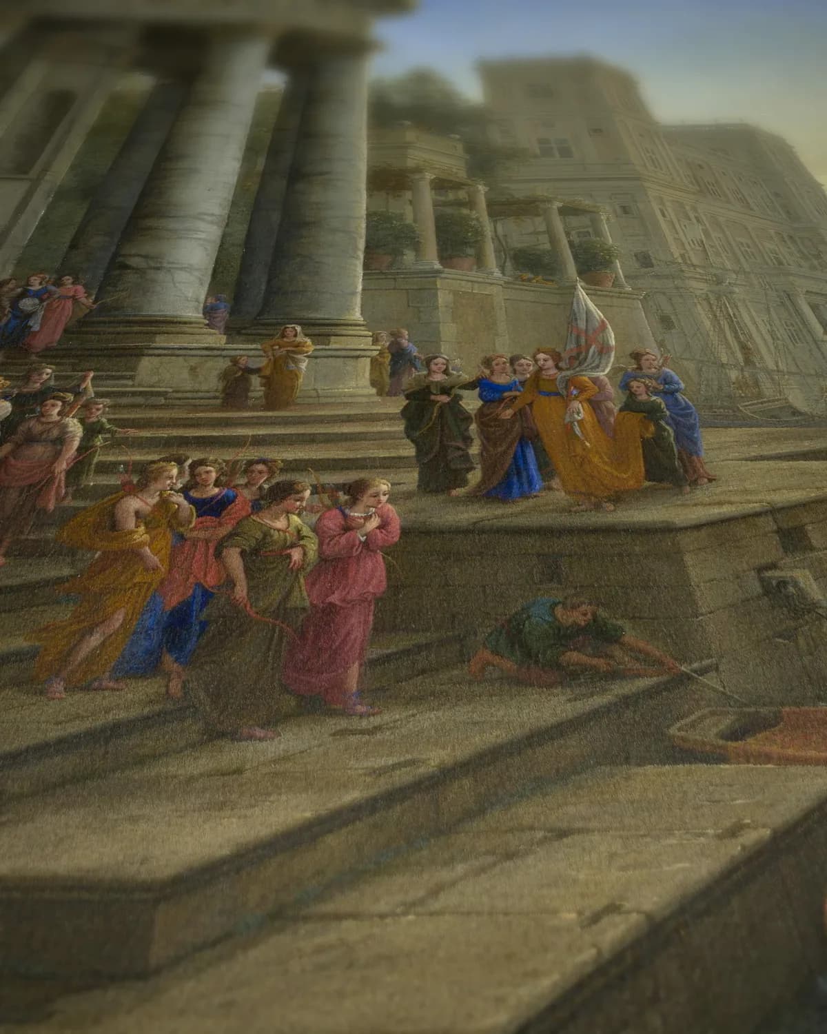 Kustlandschap met het inschepen van Sint-Ursula op geweven fluweel, uitsnede 3 van 3