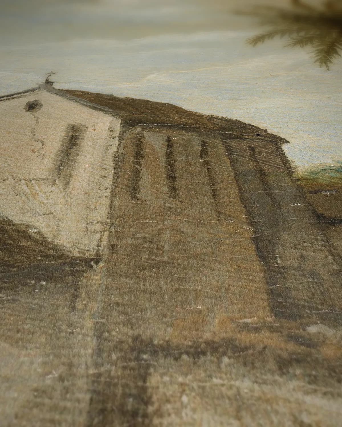 Landelijk tafereel met kerk op geweven fluweel, uitsnede 1 van 3