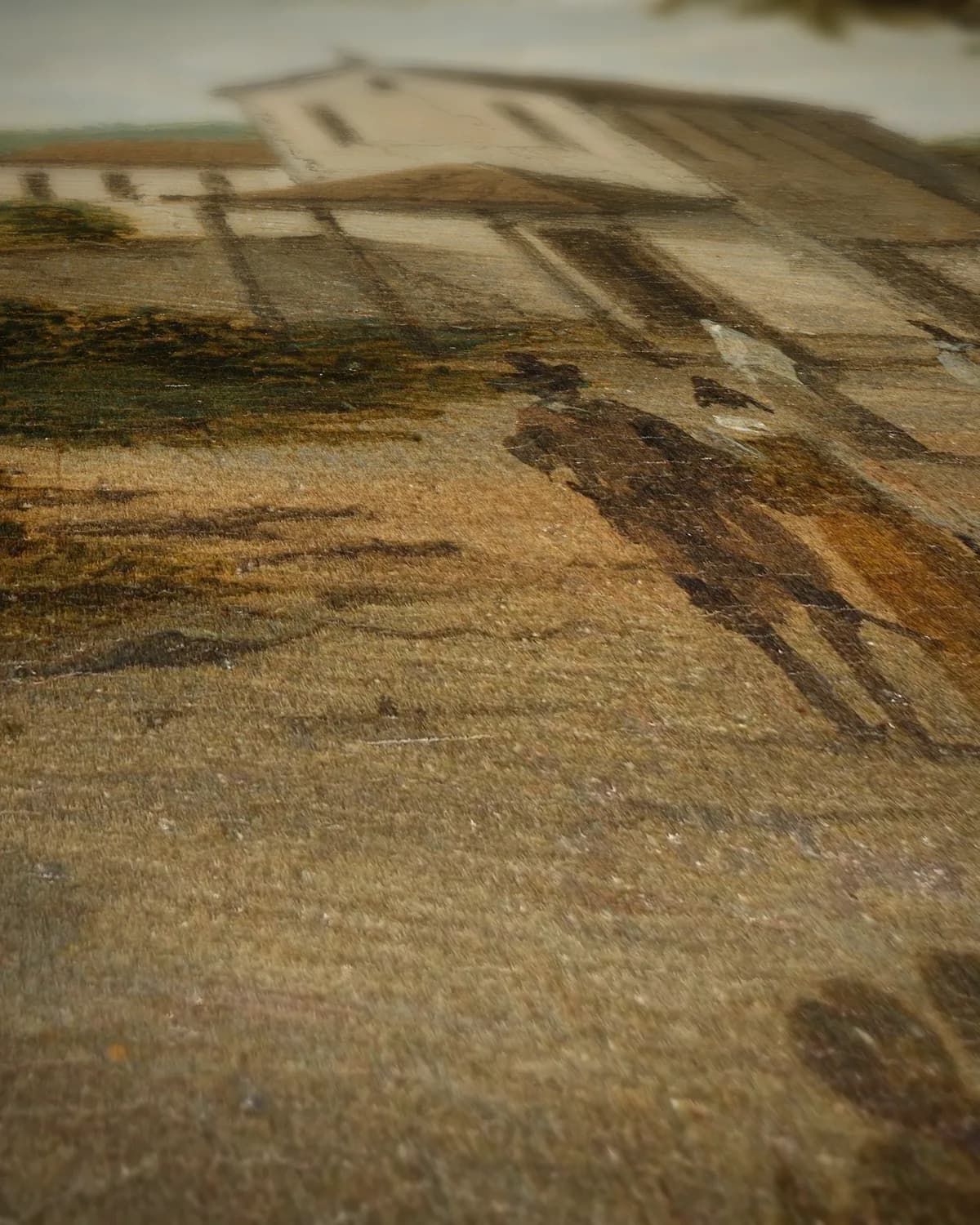 Landelijk tafereel met kerk op geweven fluweel, uitsnede 2 van 3